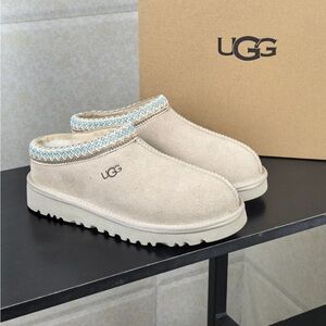 UGG Tan Suede Slippers with Blue Trim